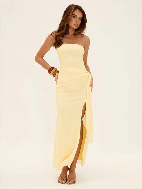 Princess Polly Dresses & Skirts - Princess Polly Strapless Pale Yellow Maxi Dress with Side Drape